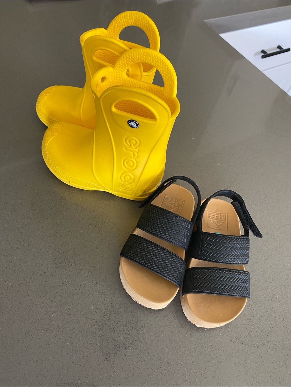 CROCS Kids Yellow Rain Boots & REEF Black Sandals